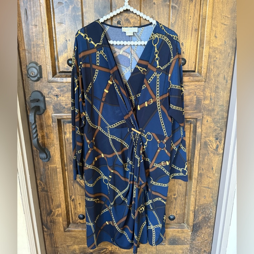 Michael Kors Navy Chain Belt Horse Bit Faux Wrap Dress Gold Logo Ruching 3X Nice